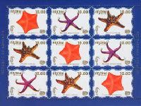Sea fauna, 2nd issue, Starfishes, blue background, M/S of 3 sets