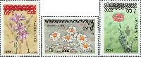 Overprints of the new values on # 018 (Flowers, 1, 3, 10t), 3v; 1.50, 3.60, 7.0 S