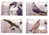 WWF, Birds, ERRORS "КыргИзстан" & "KyrgyzstFn", imperforated, block of 4v; 10, 15, 25, 50 S